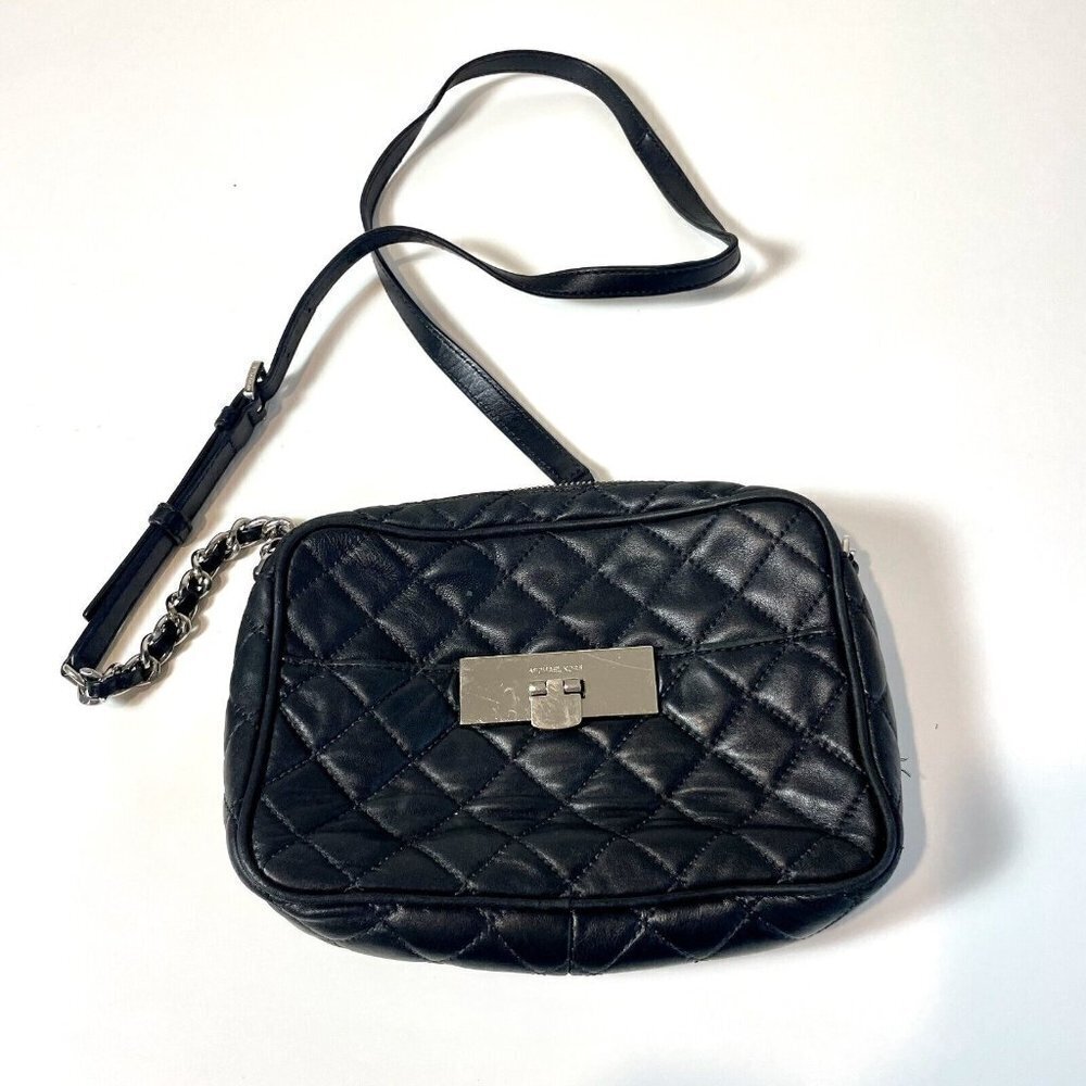Michael Kors Susannah Quilted Messenger Bag Womens Black Leather Chain Strap‎